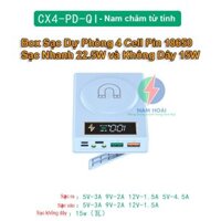 Box sạc dự phòng 4 cell pin 18650 CX4 Sạc nhanh 22.5W và Sạc nhanh không dây 15W nam châm từ tính (Không gồm pin)