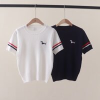 BPW3 Thom Browne Summer New College Style Double Sleeve Colorful Ribbon Puppy Embroidery Round Neck Pullover Short Sleeve Knit T Shirt Top