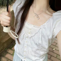 Brandy Phong Cách Pháp Cổ Chữ V Băng Đầm BM Tay Ngắn Cardigan Tay Phồng Trắng Ngắn Ngọt Ngào Và Cay Hàng Đầu Mùa Hè