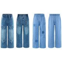 Broadwit Trẻ Em Bé Gái Thời Trang Ngôi Sao Miếng Dán Quần Jean Ống Rộng Denim Quần Cao Cấp Co Giãn Thắt Lưng Quần