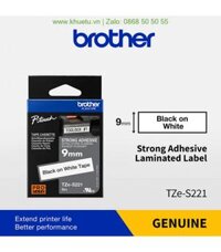 Brother TZe-S221, khổ 9mm, dài 8m, Black on White, siêu dính, chống thấm nước