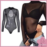 Brroa Nhìn Xuyên Qua Lưới Sọc Body Nữ Áo Thun Skinny Dài Tay