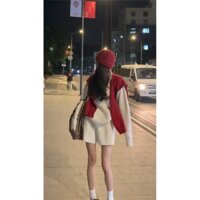 Bs Thu Đông Phong Cách Mới Khăn Choàng Đỏ Khăn Len Dệt Kim Trắng Phù Hợp Với Quần Short Thẳng Phù Hợp Với Quần Áo Nữ