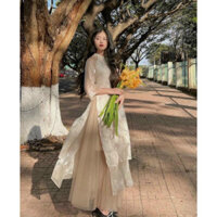 (BST 2024) Sét Áo Dài Hoa Nổi Phối Tay Voan + Chân Váy xếp Ly - D0649 TH