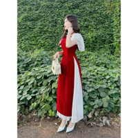 (BST 2024) Sét áo dài thời trang nữ mặc Tết chất NHUNG CỨNG cổ yếm phối tay bèo mix chân váy voan tơ xước dài maxi đỏ tr