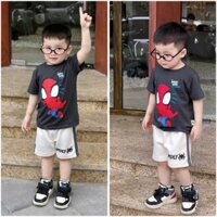 BT320- Bộ thun cộc bé trai cotton nhện đen mix quần cua màu be