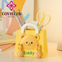 Bức tượng gấu bơ COVIEEZB có khay, trang trí bàn làm việc Tượng nhỏ dễ thương Đồ trang trí lưu trữ chìa khóa, Hộp lưu trữ Phim hoạt hình Điêu khắc nhựa gấu bơ Bút đựng đồ trang trí máy tính để bàn