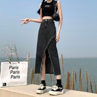 Bụng Nẹp Đơn Giản Phù Hợp Với Tất Cả Trận Đấu Chia Frayed Denim Váy Nữ Chữ a Cao Cấp Ôm Hơn Nhìn Hông Trượt Tuyết