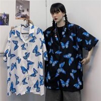 Bướm 2.20 Retro Áo Sơ Mi Phong Cách Tối Đường Phố Tay Ngắn Sang Trọng In Hình Bông Tai Kẹp Áo Sơ Mi Phong Cách Hồng Kông Nữ Rời
