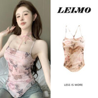 Bướm lưới in hoa cổ dao động tôn dáng áo hai dây trang phục nữ