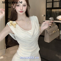 Bướm Thổ Cẩm Cổ Xoay Áo Thun Không Tay Mùa Hè Xếp Ly Mỏng Thiết Kế Áo Ngắn