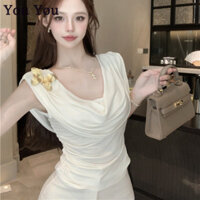 Bướm Thổ Cẩm Cổ Xoay Áo Thun Không Tay Mùa Hè Xếp Ly Mỏng Thiết Kế Áo Ngắn