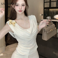 Bướm Thổ Cẩm Cổ Xoay Áo Thun Không Tay Mùa Hè Xếp Ly Mỏng Thiết Kế Áo Ngắn