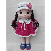 Búp bê bằng len áo đầm hồng handmade cao 40cm