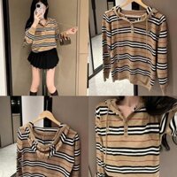 Burberry2024 Thu Đông Phong Cách Mới Kim Cương Nóng Tương Phản Màu Sọc Có Mũ Trùm Đầu Rời Đan Áo Len Top