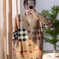 Burberry2560 Dài Tay Cardigan Áo Len Nữ Sọc Kẻ Sọc Unisex Áo Len
