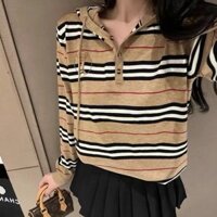 Burberry3516 Phong Cách Mới Nóng Kim Cương Tương Phản Màu Sọc Có Mũ Trùm Đầu Áo Len Rời Nữ