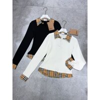 Burberry6179 Phong Cách Mới Mỏng Hơn Nhìn Retro Kẻ Sọc Giả Hai Mảnh Áo Thun Nữ