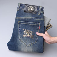 Burberry9562 Dạo Phố Thêu Quần Jean Nam Slim-fit Thẳng Co Giãn Quần Nam