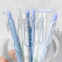 Bút bi bấm Mura Blue Love nắp cài sắt bấm nút ngòi mực 0.5mm họa tiết caro cho học sinh - BI037