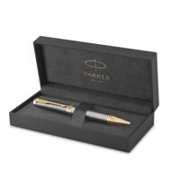 Bút bi cao cấp, bút ký Parker Ingenuity, thân kim loại màu xám mới, mạ vàng 18K, thiết kế to đầm, có khắc tên
