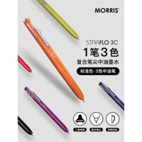 Bút bi dầu trung bình ba màu đen xanh đỏ MORRIS STARFLO Hàn Quốc 0.7mm thiết kế click im lặng, thân nhựa phối màu thời trang, mực composite đầu kim thấp