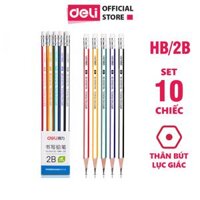 Bút chì 2B HB gỗ tự nhiên Deli - Dễ gọt và nhạy với máy chấm thi - Kèm tẩy và gọt - 10 chiếcvỉ 50 chiếchộp - 33431  33433 - Vỉ 10 chiếc - 2B