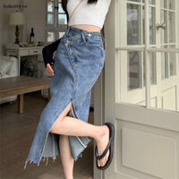 Bút chì - trong váy denim Lovito midi trộn với dây kéo cắt màu trơn thông thường dành cho nữ LNE09203 (Xanh dương)