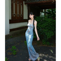 BV033 Váy hai dây dáng dài kiểu dáng ôm eo tôn dáng họa tiết cổ điển sang trọng quyến rũ