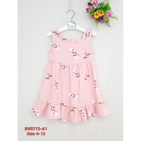 BV0713-A1 - Váy bé gái lanh sát nách , in kẹo dâu , màu hồng cam , size 4t-12t , ri5