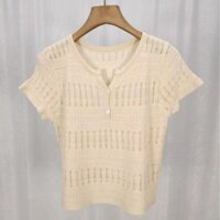 C & M Nữ Mùa Hè Mới Sang Trọng Henley Cổ Băng Lụa Rỗng Đan Áo Tay Ngắn