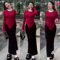 C08- Set Áo Gài Nút Vạt Nhọn Tay Dài Cổ Tròn phối Chân Váy Xoè Dài Đuôi Cá - Form Ôm Body Tôn Dáng - Đi tiệc, đi chơi