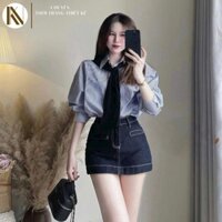 C13_SET SƠ MI SỌC PHỐI DÂY NƠ RƠI KÈM CHÂN VÁY JEAN DENIM
