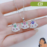 C21 Mặt dây chuyền Hello Kitty nhỏ đính đá Bạc thật Thiên Cát s950
