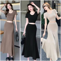 C26- Set Áo CropTop Cổ Tròn Tay Ngắn phối Chân Váy Dài Xoè Đuôi Cá Thướt Tha - Form Ôm Body Tôn Dáng, Đi tiệc, hằng ngày