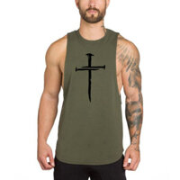 Cá Tính In Chữ Thập Áo Thun Không Tay Tập Gym Thể Hình Thể Dục Thể Thao Áo Tập Luyện Cơ Bắp Nam Cotton Rời Singlets