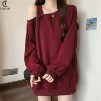 [Cagjb] Áo nỉ dài tay lệch vai màu đỏ thời trang dành cho nữ YOMG