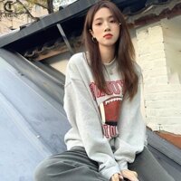 [Cagjb] Áo nỉ dáng rộng cổ tròn in hình bóng bầu dục cổ tròn cổ tròn kiểu Mỹ YOMG