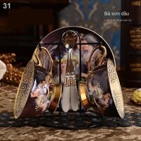 （Cái cốc）☇﹉Bộ tách cà phê cốc sứ xương châu Âu và đĩa cao cấp sang trọng buổi chiều trà gốm sáng tạo đen sơn vàng nước