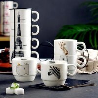 （Cái cốc）۞Gia dụng gốm sứ bộ cốc uống quà sáng tạo bữa sữa cà phê bốn xếp chồng lên nhau bằng với khung sắt