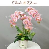 (Cắm sẵn) Combo 3 cành lan hồ điệp cao su cánh xoăn (9 bông) + 1 chậu gốm cao cấp (cao 70cm) decor, trang trí nhà cửa
