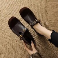 Camellia Retro Mary 2025 Năm Mới Xuân Phong Cách Mới Giày Đơn Flat Nông Miệng Tất Cả Trận Đấu Ngón Chân Tròn Phụ Nữ Mang Thai Giày Da Nhỏ#25228