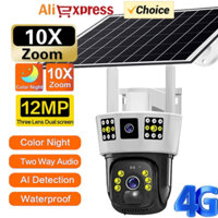 Camera Năng Lượng Mặt Trời Sim 4G - 3 Mắt Xoay 360 Độ Zoom 10X Siêu Nét 12MP, Camera Không Thấm Nước Ngoài Trời
