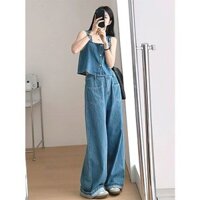 Camisole Summer Trousers Sleeveless Retro Women's Denim High Waist Outfit Top Short Hong Kong Style Loose Wide Leg Two-Piece Set M7G8