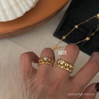 CANCAN☘Nhẫn tình yêu mạ vàng 18K đính kim cương hai lớp xếp chồng lên nhau Nhẫn trái tim đào nhỏ trang sức nữ