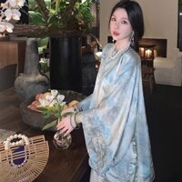 Cangshan Đi Tuyết Mới Trung Quốc Mực Xanh Họa Tiết Áo Khoác Cao Cấp Phong Cách Retro Dân Tộc Tính Năng 24.12.31