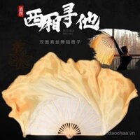 Cánh Tây Tìm Anh Quạt múa lụa, quạt múa hai mặt màu gradient, quạt múa cổ điển, quạt vàng be, vàng Giao Châu