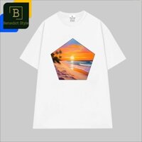 Cao cấp - Áo thun oversize in tranh vẽ cảnh hoàng hôn trên biển và bờ cát vàng cây dừa thiên nhiên beach shirt BS1130