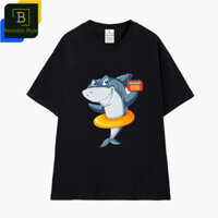 Cao cấp - Áo thun tay lỡ oversize cá mập mang phao đi biển cầm Radio vui nhộn - áo phông nam nữ BND153