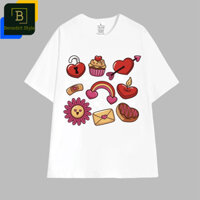 Cao cấp - Áo thun tay lỡ oversize in họa tiết Valentine trái tim ổ khóa bánh chocolate lá thư nến hoa ngọt ngào BND702